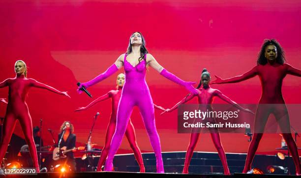 Dua Lipa performs live at The O2 Arena at part of her Future Nostalgia Tour on May 02, 2022 in London, England.