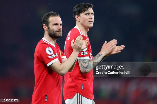 Juan Mata of Manchester United applauds their fans after the final whistle of the Premier League match between Manchester United and Brentford at Old...
