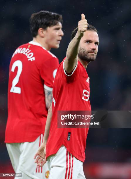 Juan Mata of Manchester United interacts with the crowd after the final whistle of the Premier League match between Manchester United and Brentford...
