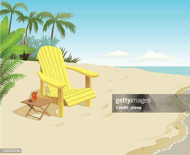 stockillustraties, clipart, cartoons en iconen met a bright yellow chair with a drink on the beach - pensioen