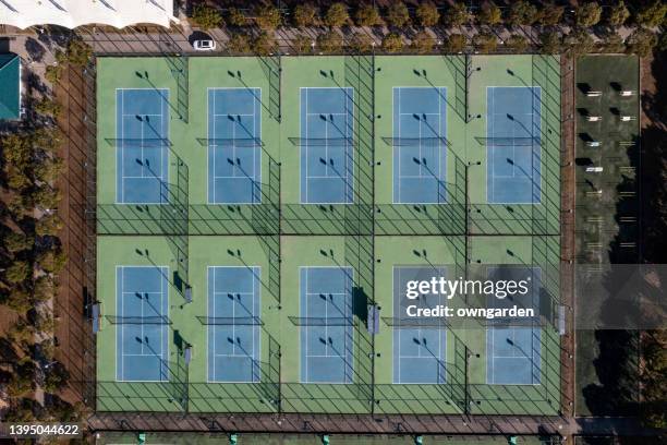 aerial view by drone of tennis court - tennis tournament stock pictures, royalty-free photos & images