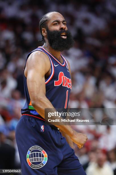 James Harden of the Philadelphia 76ers celebrates a layup against the Miami Heat during the first half in Game One of the Eastern Conference...