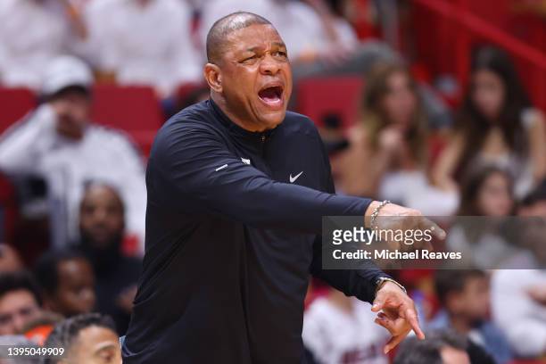Head coach Doc Rivers of the Philadelphia 76ers reacts against the Miami Heat during the first half in Game One of the Eastern Conference Semifinals...