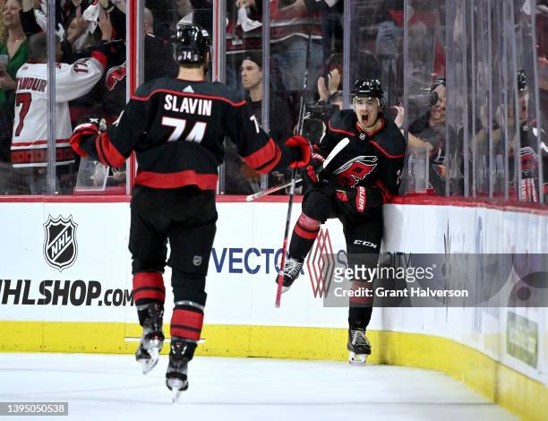 Seth Jarvis of the Carolina Hurricanes celebrates after scoring a goal against the Boston Bruins during the second period of Game One of the First...