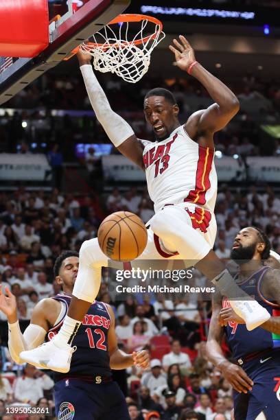 Bam Adebayo of the Miami Heat dunks against the Philadelphia 76ers during the second half in Game One of the Eastern Conference Semifinals at FTX...