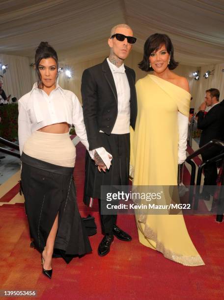 Kourtney Kardashian, Travis Barker, and Kris Jenner arrive at The 2022 Met Gala Celebrating "In America: An Anthology of Fashion" at The Metropolitan...