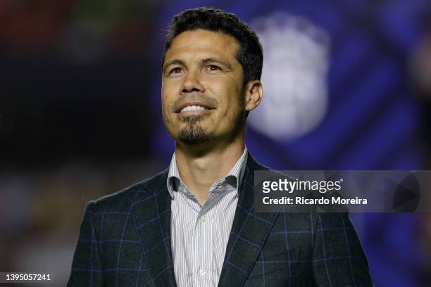 Former player of San Pablo Hernanes smiles during a tribute after his retirement before the match between Sao Paulo and Santos as part of Brasileirao...