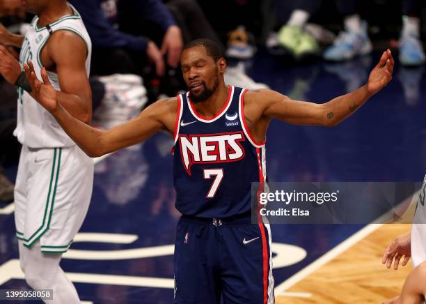 Kevin Durant of the Brooklyn Nets reacts during Game Four of the Eastern Conference First Round Playoffs against the Boston Celtics at Barclays...