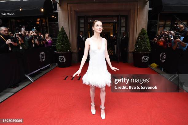 Emma Stone departs The Mark Hotel for 2022 Met Gala on May 02, 2022 in New York City.