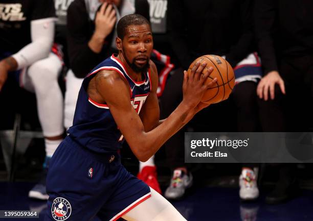 Kevin Durant of the Brooklyn Nets takes the ball during Game Four of the Eastern Conference First Round Playoffs against the Boston Celtics at...