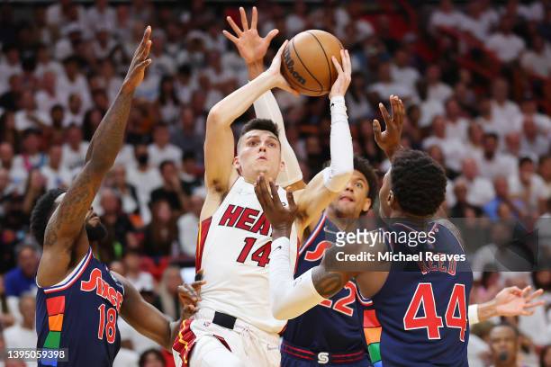 Tyler Herro of the Miami Heat goes up for a layup against the Philadelphia 76ers during the second half in Game One of the Eastern Conference...