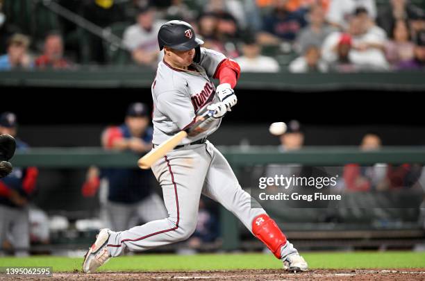 Jose Miranda of the Minnesota Twins flies out in the ninth inning against the Baltimore Orioles in his Major League debut at Oriole Park at Camden...