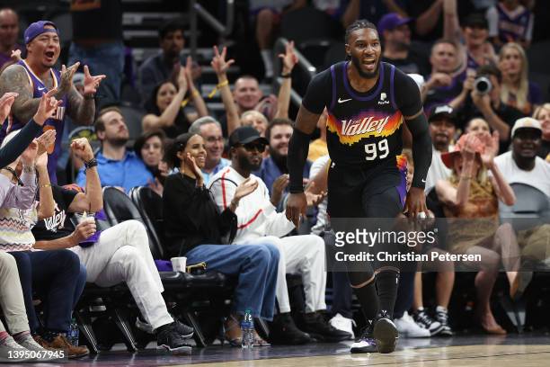 Jae Crowder of the Phoenix Suns reacts after hitting a three-point shot against the Dallas Mavericks during the first half of Game One of the Western...