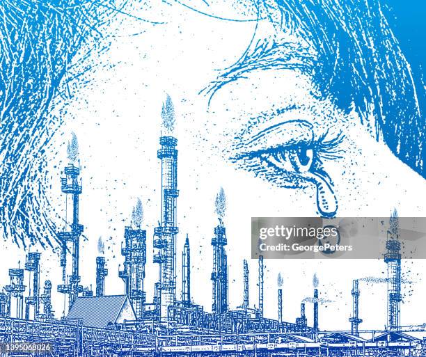ilustrações, clipart, desenhos animados e ícones de mulher deprimida por aumentar os preços do petróleo e poluição do ar - air pollution