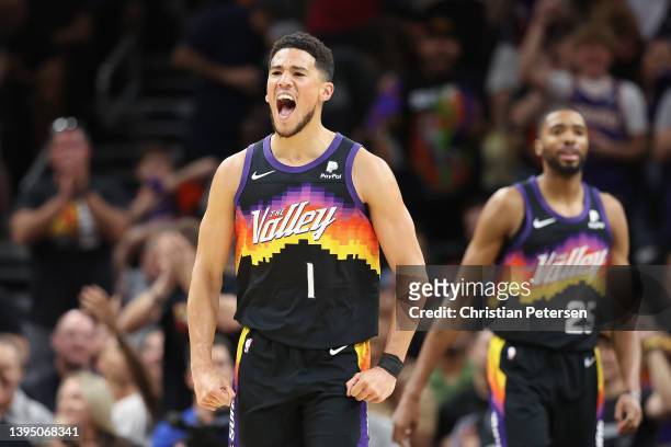 Devin Booker of the Phoenix Suns reacts after scoring against the Dallas Mavericks during the first half of Game One of the Western Conference Second...