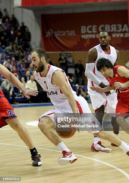 Vassilis Spanoulis, #7 of Olympiacos Piraeus in action during 2011-2012 Turkish Airlines Euroleague TOP 16 Game Day 5 between CSKA Moscow v...