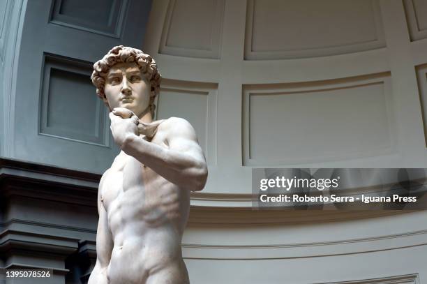 The David statue by italian rinascimental artist Michelangelo Buonarroti during the presentation of the celebrations for the 140th anniversary of the...