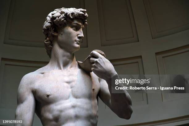 The David statue by italian rinascimental artist Michelangelo Buonarroti during the presentation of the celebrations for the 140th anniversary of the...