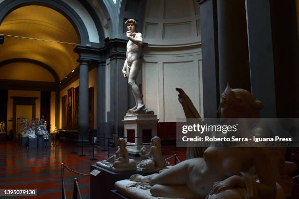 The David statue by italian rinascimental artist Michelangelo Buonarroti during the presentation of the celebrations for the 140th anniversary of the...