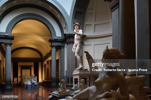 The David statue by italian rinascimental artist Michelangelo Buonarroti during the presentation of the celebrations for the 140th anniversary of the...