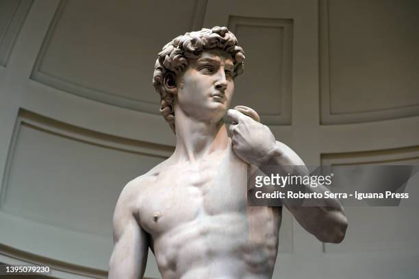 The David statue by italian rinascimental artist Michelangelo Buonarroti during the presentation of the celebrations for the 140th anniversary of the...