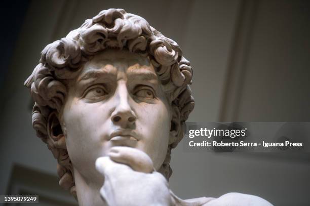 The David statue by italian rinascimental artist Michelangelo Buonarroti during the presentation of the celebrations for the 140th anniversary of the...