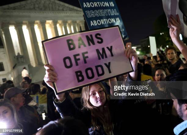Demonstrators gather outside of the U.S. Supreme Court on May 02, 2022 in Washington, DC. In an initial draft majority opinion obtained by Politico,...