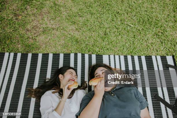 zwei asiatische weibchen ruhen sich in ihren ferien aus, picknicken im garten. - im gras liegen stock-fotos und bilder