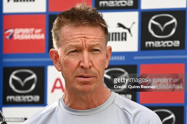 Kangaroos head coach David Noble speaks to the media during a North Melbourne Kangaroos AFL training session at Arden Street Ground on May 03, 2022...