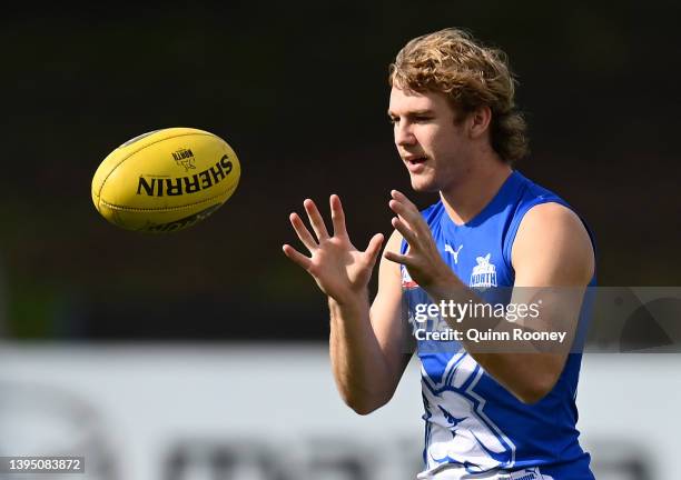 Jason Horne-Francis of the Kangaroos marks during a North Melbourne Kangaroos AFL training session at Arden Street Ground on May 03, 2022 in...