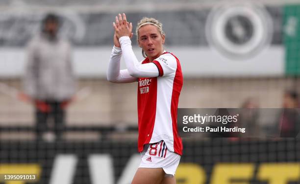 Jordan Nobbs of Arsenal applauds the fans as they leave the field after sustaining an injury during the Barclays FA Women's Super League match...