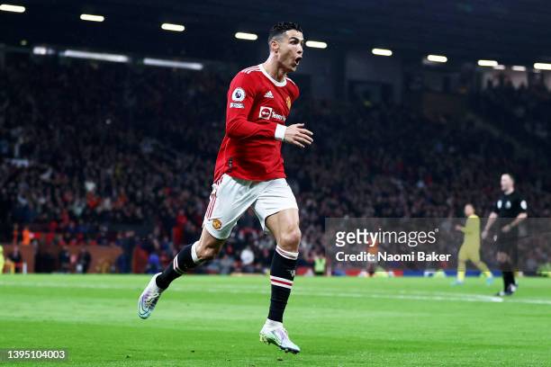 Cristiano Ronaldo of Manchester United celebrates his sides second goal which is later disallowed by VAR during the Premier League match between...