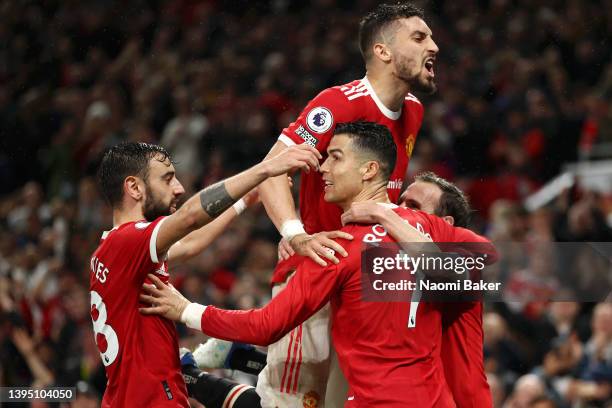 Cristiano Ronaldo of Manchester United celebrates his sides second goal which is later disallowed by VAR during the Premier League match between...