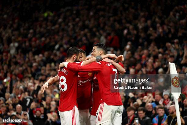 Cristiano Ronaldo of Manchester United celebrates his sides second goal which is later disallowed by VAR during the Premier League match between...
