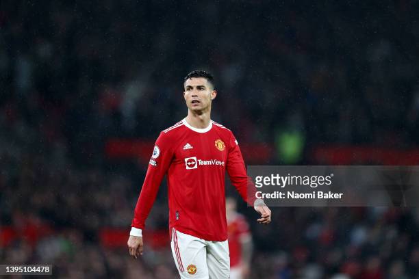 Cristiano Ronaldo of Manchester United looks on during the Premier League match between Manchester United and Brentford at Old Trafford on May 02,...
