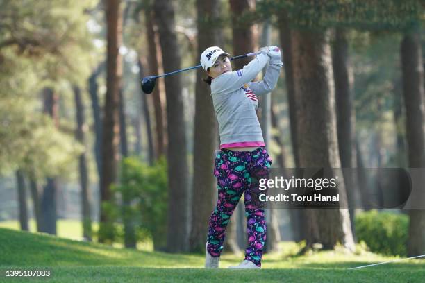 Hiroko Azuma of Japan hits her tee shot on the 3rd hole during a practice round ahead of World Ladies Championship Salonpas Cup at Ibaraki Golf Club...