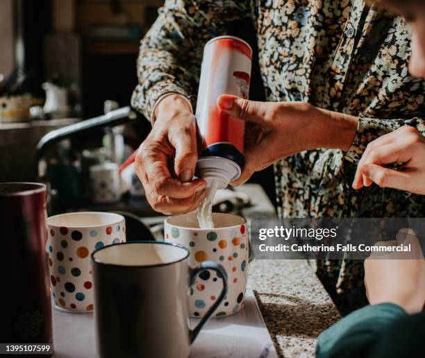 a woman adds whipped cream to a mug of hot chocolate as a child waits with anticipation - nato fotografías e imágenes de stock