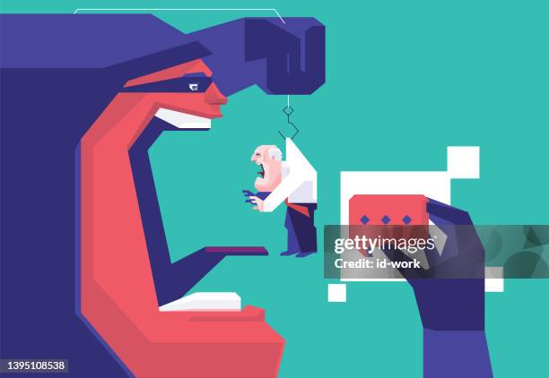 scammer holding speech bubble and catching senior man - old person computer stock illustrations