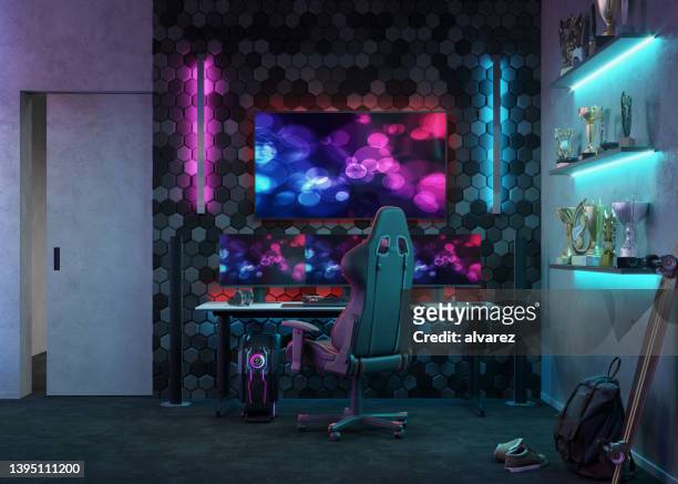 dark neon gamer workspace 3d illustration - domestic room 個照片及圖片檔