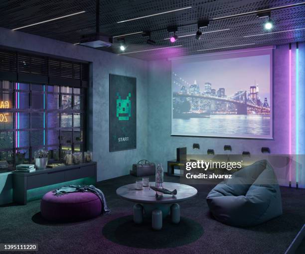 3d image of gamer room with colorful neon lights - domestic room 個照片及圖片檔