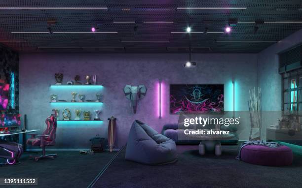 intérieur de la salle des joueurs vidéo en 3d - joueur de jeux informatiques photos et images de collection