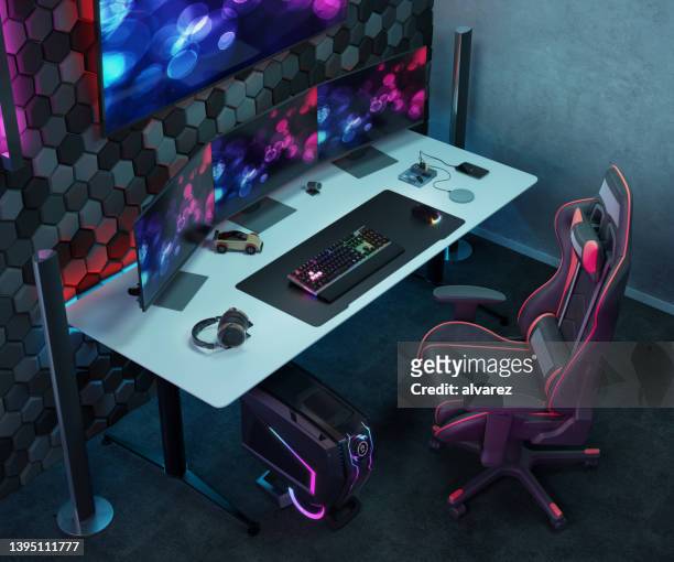 3d rendering of video gamer desk - computer mouse table stock pictures, royalty-free photos & images