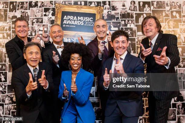 Simon Pryce, Jeff Fatt, Anthony Field, Tsehay Hawkins, Greg Page, Phillip Willcher and Murray Cook of The Wiggles attend the 2022 APRA Awards at...