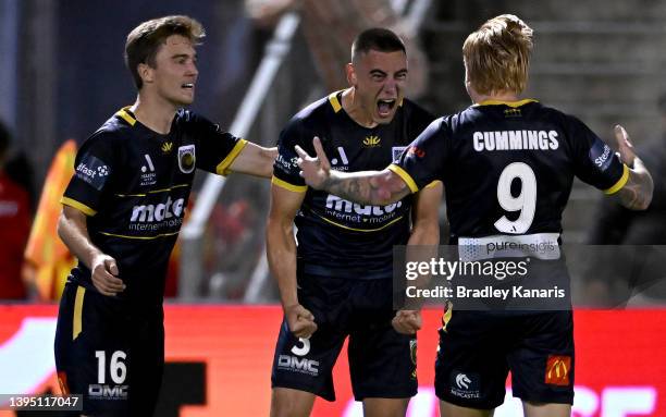 Lewis Miller of the Mariners celebrates after scoring a goal during the A-League Mens match between Brisbane Roar and Central Coast Mariners at...