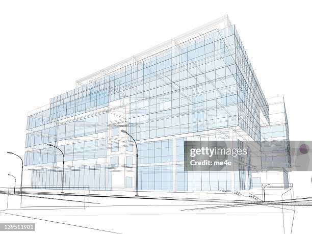 3d render of contemporary building in wire frame layout. - building wireframe stock pictures, royalty-free photos & images