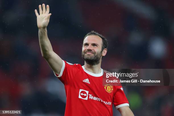 Juan Mata of Manchester United waves following the Premier League match between Manchester United and Brentford at Old Trafford on May 02, 2022 in...