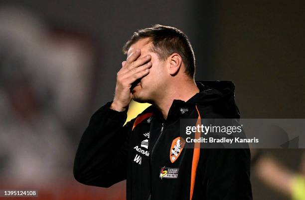 Coach Warren Moon of the Roar looks frustrated during the A-League Mens match between Brisbane Roar and Central Coast Mariners at Moreton Daily...