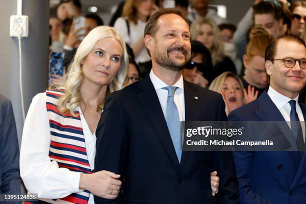 Crown Princess Mette-Marit of Norway, Crown Prince Haakon of Norway and Prince Daniel of Sweden watch a performance at Fryshuset Foundation on May...