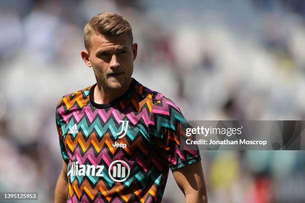 Matthijs De Ligt of Juventus looks on during the warm up prior to the Serie A match between Juventus and Venezia FC at Allianz Stadium on May 01,...