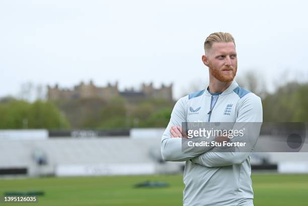 New England Test captain Ben Stokes pictured on the outfield at The Riverside with Lumley Castle in the background during a media session at The...